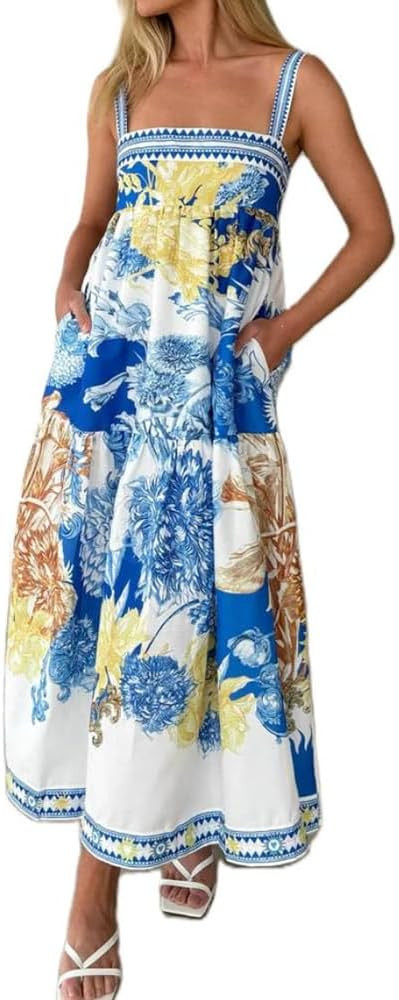 Women Boho Floral Maxi Dress Y2k Sleeveless Long Dress Print Spaghetti Strap A Line Dress Vacatio... | Amazon (US)