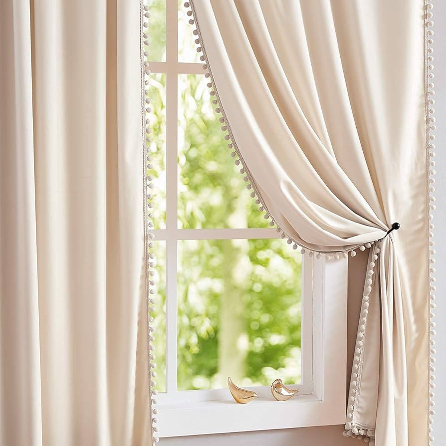 Pom-Pom Cream Velvet Curtains for Living Room 63inch Length Luxury Heavy Ivory Window Drapery for... | Amazon (US)