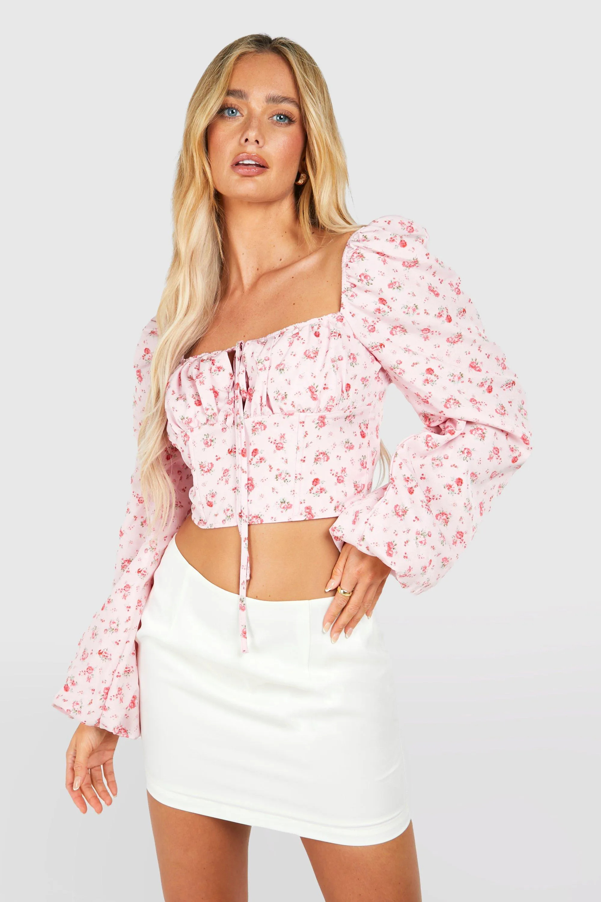 Pink Floral Tie Balloon Sleeve Corset | Boohoo USA | boohoo (US & Canada)
