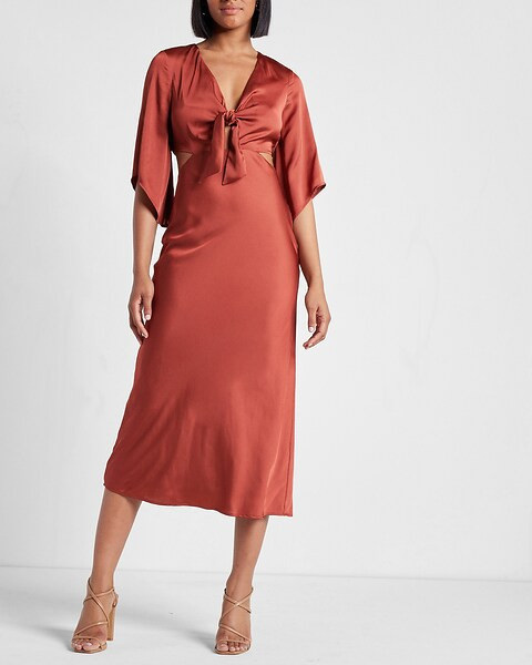 Conscious Edit Satin Tie Front Side Cutout Midi Dress | Express