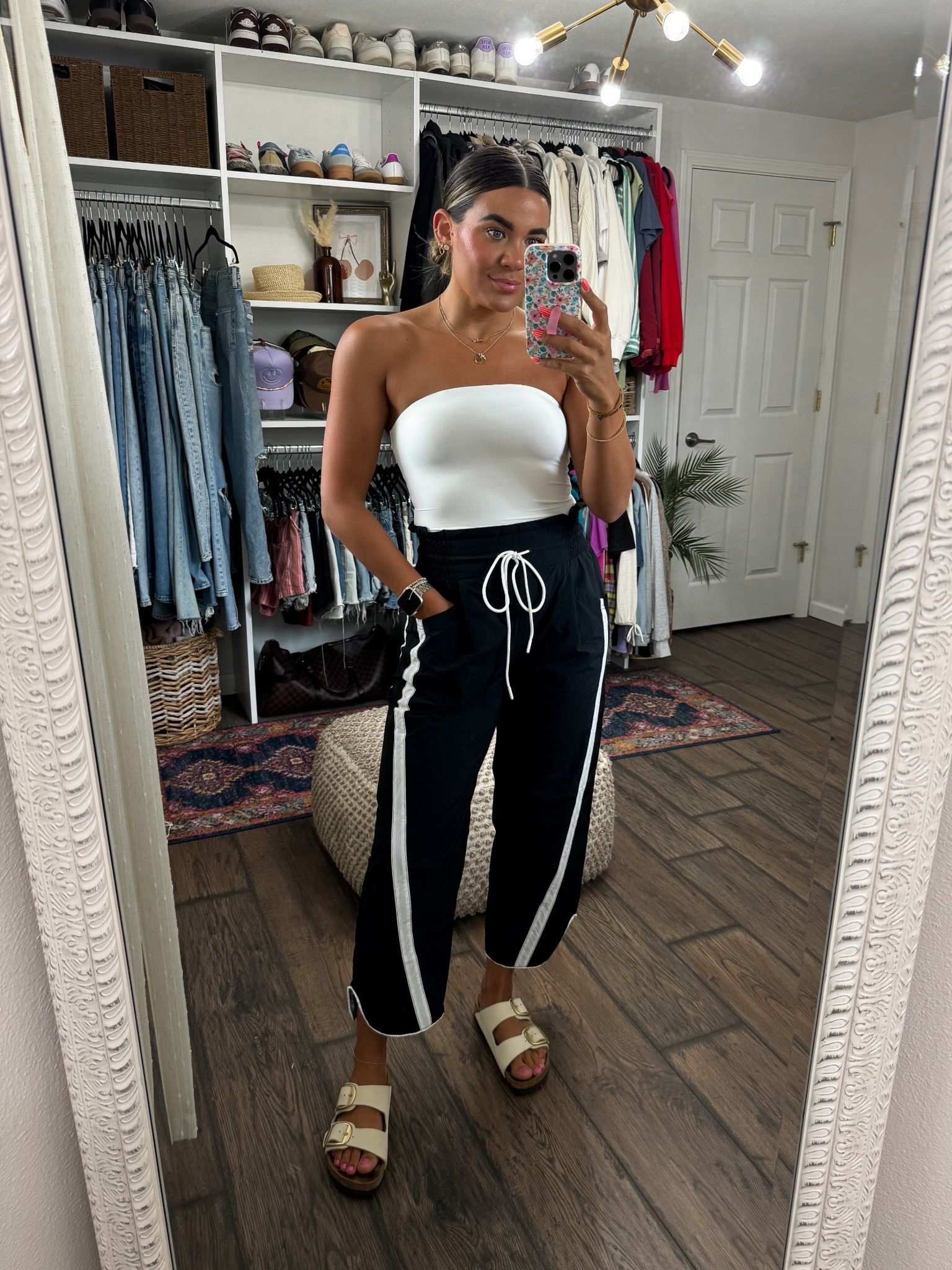 Track pants part of NSale- size XS
Tube top- size small
Birkenstocks- size 40

Athleisure, Nordstrom sale