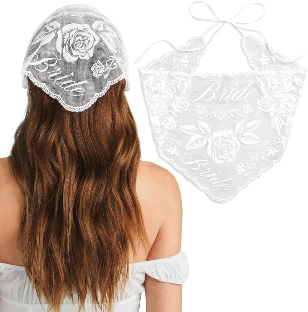xo, Fetti Bride Lace Headscarf - White Embroidered Tulle Head Scarf | Bachelorette Party, Bridal ... | Amazon (US)