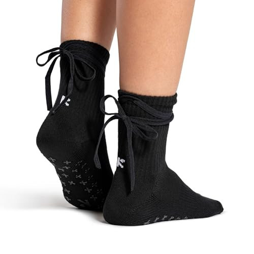Kamo Fitness Pilates Socks with Grips for Women - Non-Slip Yoga, Barre Grip Sock - Grippy Cotton Crew Socks for Pilates, Yoga, Ballet, Reformer (Black Strip Style, One Size) | Amazon (US)