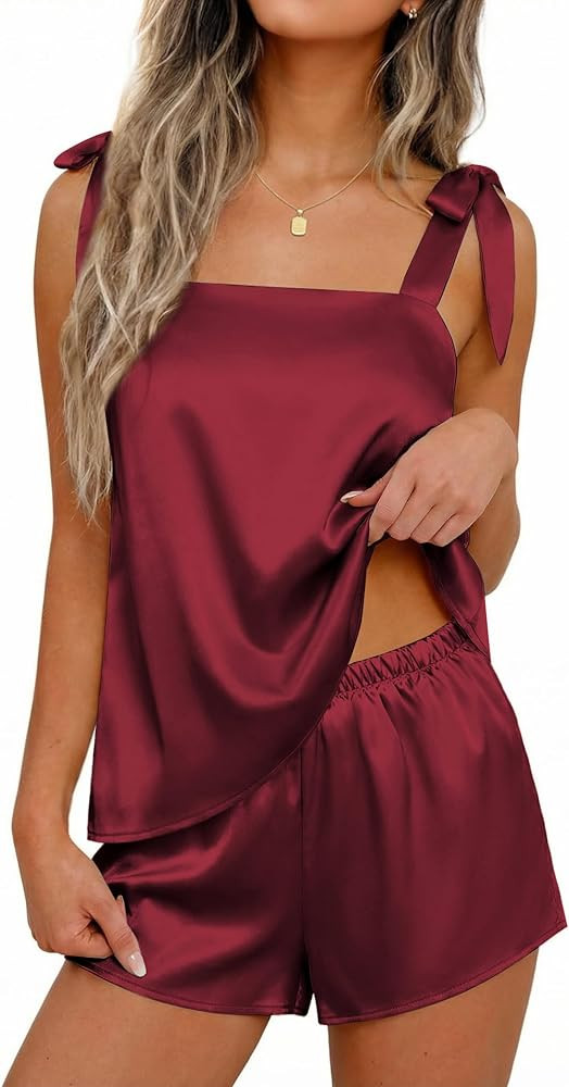 Ekouaer Women Silk Satin Pajamas Set Bow Tie Knot Tank Top Pjs Sets 2 Piece Cami Shorts Sleepwear... | Amazon (US)