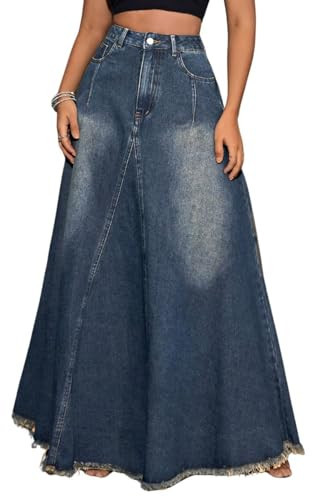 XQR Women's Vintage Full Length Denim Skirts High Waisted Frayed Raw Hem Flared A Line Maxi Long Jean Skirts (Medium, DarkBlue) | Amazon (US)