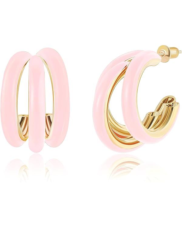 Gold Hoop Earrings for Women, Chunky Triple Hoop Earrings Thick Three Open Hoop Trendy Jewelry Gi... | Amazon (US)