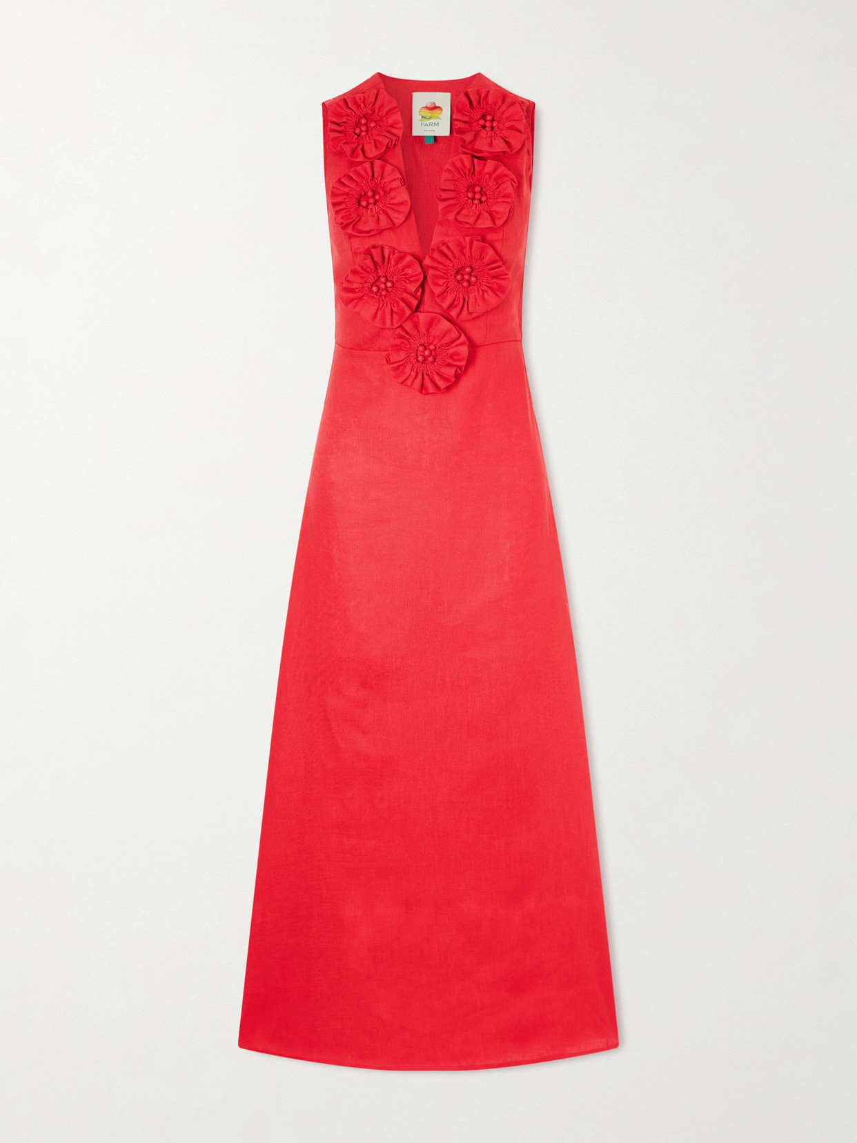 Farm Rio - Floral-appliquéd Linen Midi Dress - Red | NET-A-PORTER (US)