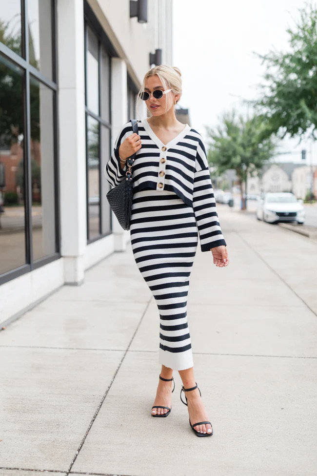 Feels Like Love Black and White Striped Dress and Cardigan Set | Pink Lily