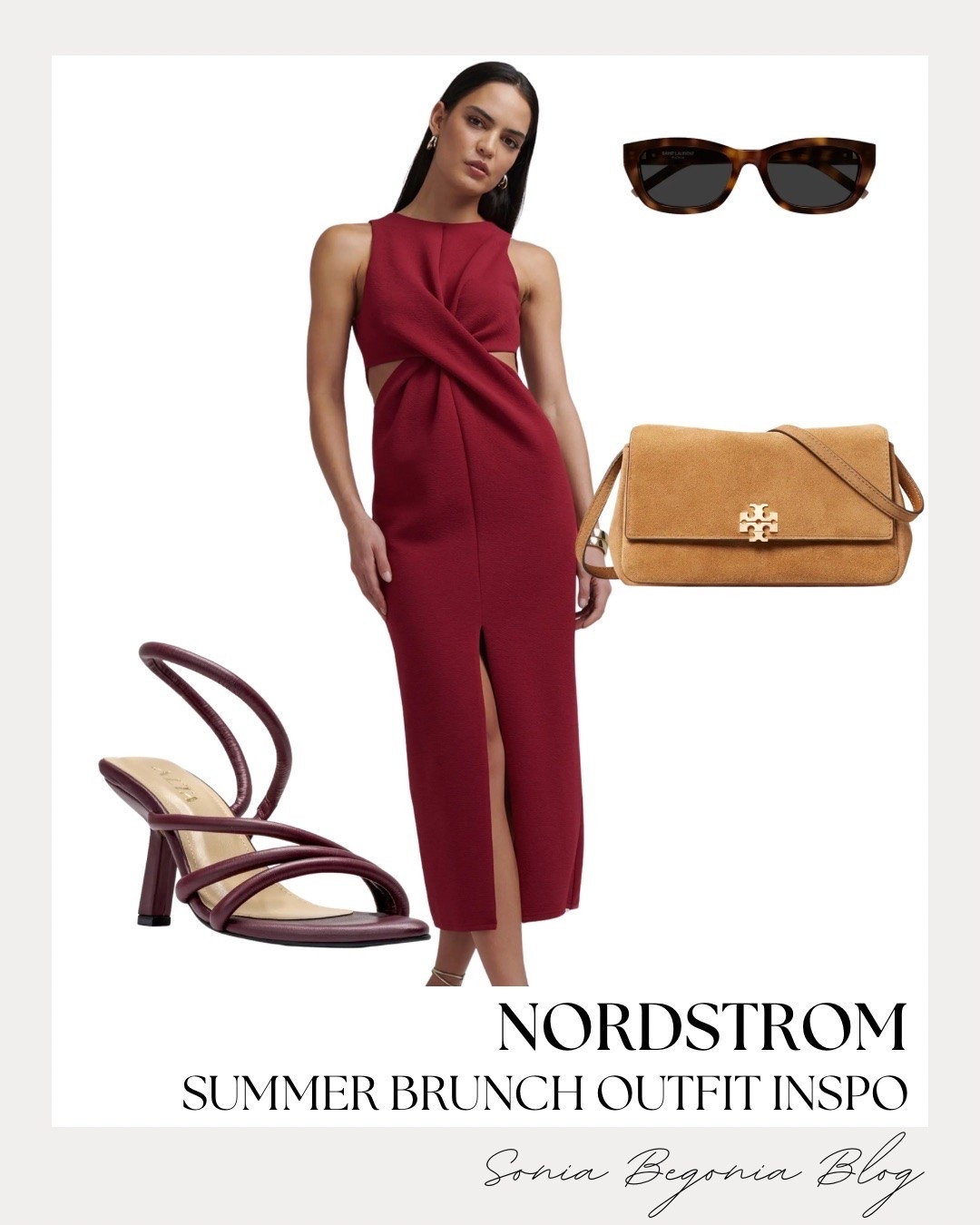 The prettiest summer brunch outfit inspiration from Nordstrom! I am completely in love with this gorgeous burgundy midi dress, featuring chic side cutouts and a twist-front detail that creates a stunning silhouette for a sunny weekend outing. 🍷✨

I styled it with matching strappy burgundy heels, a tan suede Tory Burch shoulder bag, and tortoiseshell sunglasses.🤎

#nordstromfinds #brunchoutfit #summerfashion #mididress #LTKstyletip #chicstyle #ootd #summeroutfit #toryburch

#LTKootd #LTKSeasonal