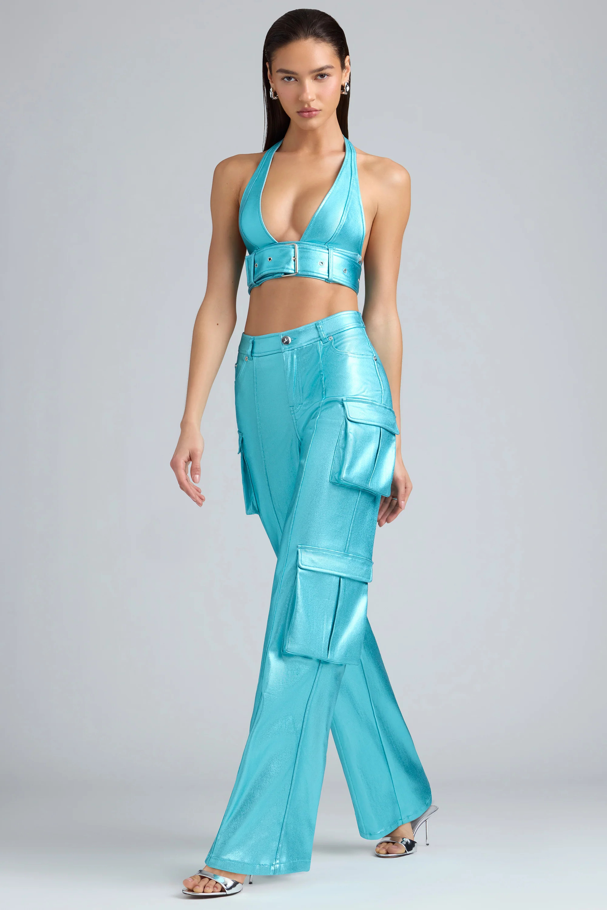 Metallic Denim Cargo Trousers in Aqua | Oh Polly