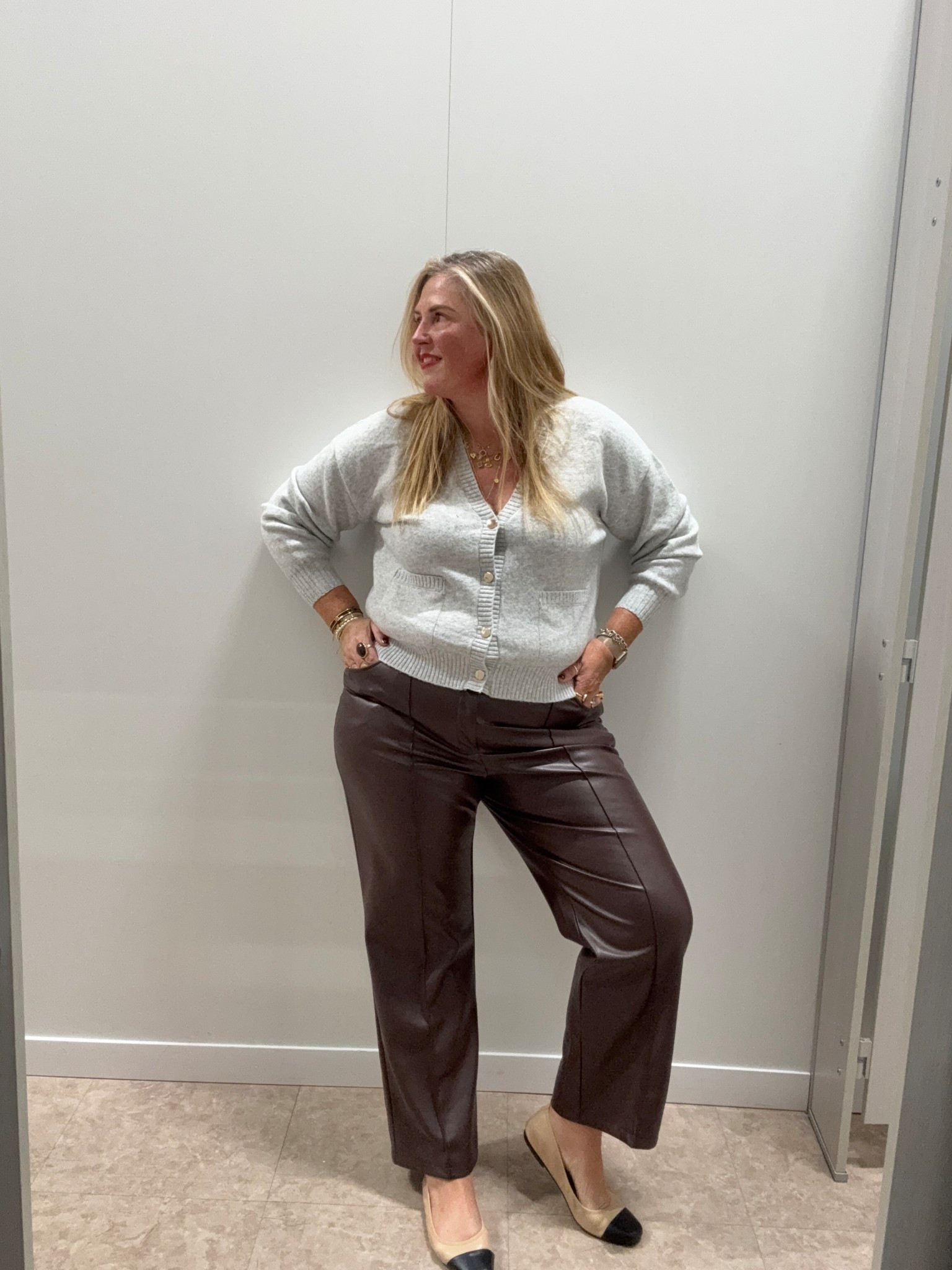 Brown Faux leather trousers, grey cardigan  

#LTKplussize #LTKautumn #LTKcurves