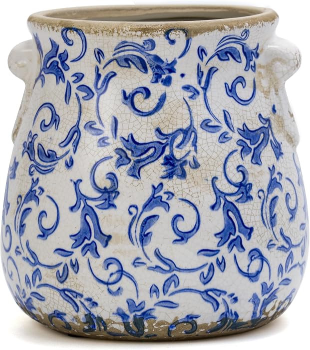 Vintage Blue Ceramic Ice Crack Glaze Flower Pot with Drainage Holes and With Handle, Country Rust... | Amazon (US)