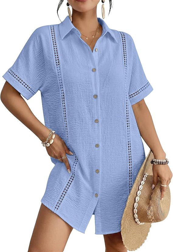 Bsubseach Women Swimsuit Coverup Short Sleeve Eyelet Trim Bathing Suit Cover Up Button Beach Shir... | Amazon (US)