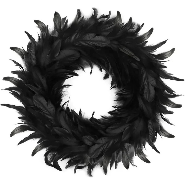 16" Black Feather Wreath Halloween Wreath Handmade Black Wreath for Front Door Porch Mantel Firep... | Walmart (US)