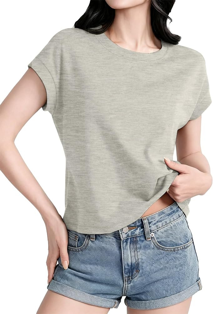 Womens Cap Sleeve T Shirts Crewneck Loose Fit Crop Tops 2026 Summer Casual Tee Fashion Trendy Clo... | Amazon (US)