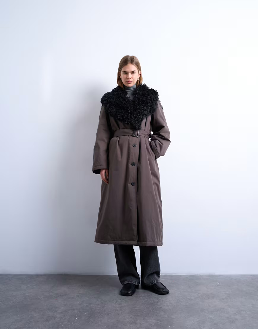 Topshop faux fur collar trench coat in brown | ASOS (Global)
