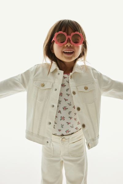 Ruffle-trimmed Ribbed T-shirt - Dark gray/floral - Kids | H&M US | H&M (US + CA)
