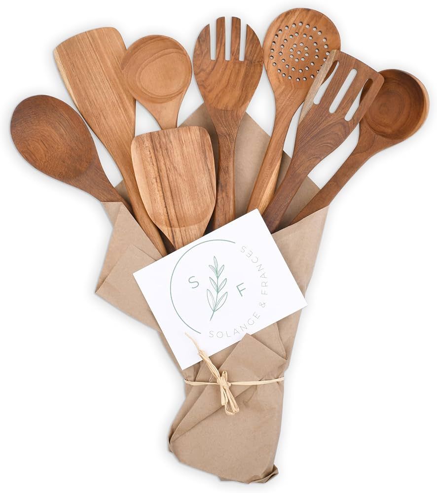 Solange & Frances Premium Teak Kitchen Utensils Set - All Natural Wooden Spoons and Spatulas in a... | Amazon (US)
