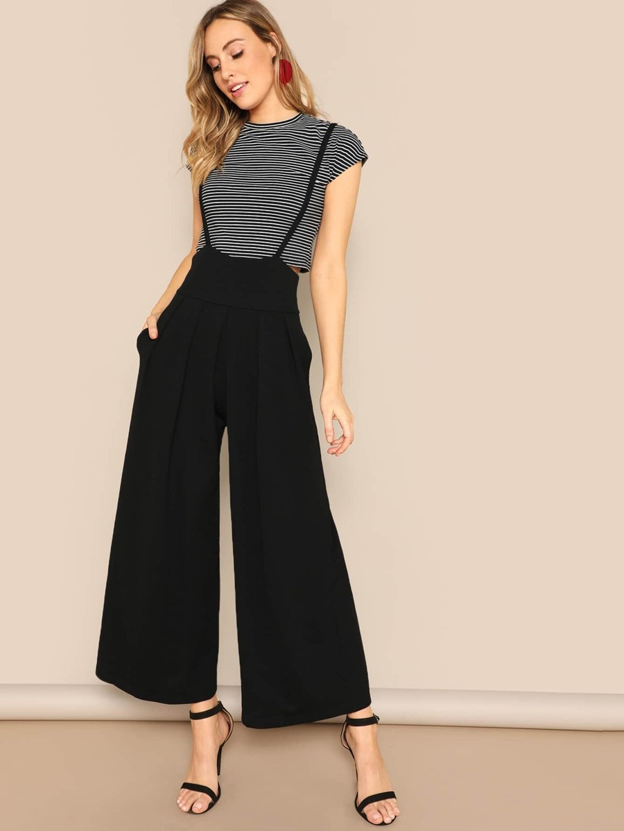 Zip Back Slant Pocket Wide Leg Pants With Strap | SHEIN