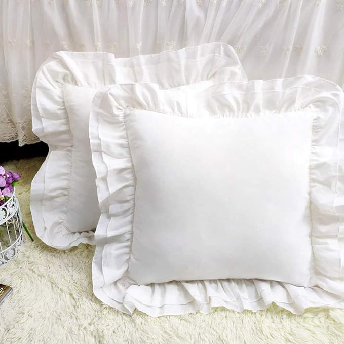 Euro Pillow Shams White Throw Pillow Covers Square Cushion Cases with Ruffle Cotton Shabby Chic R... | Amazon (US)