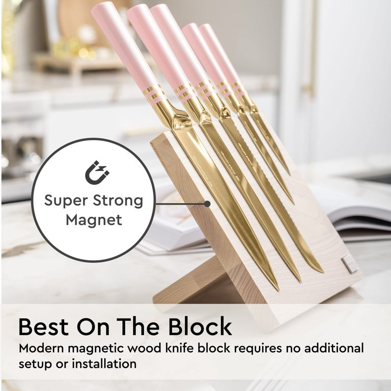 Styled Settings Pink Knife Set with Magnetic Knife Block - 6 PC Pink and Gold Knife Set with Bloc... | Walmart (US)