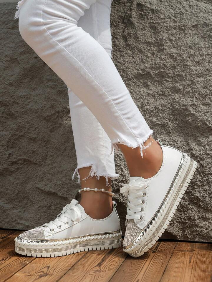 Sporty Skate Shoes For Women, Rhinestone Decor Lace-up Front Sneakers | SHEIN