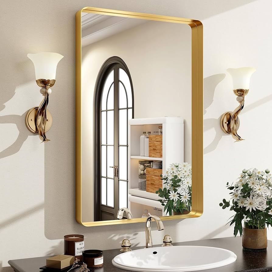 Easly 36 x 24 Inch Gold Bathroom Mirror for Wall,Aluminum Alloy Frame Rectangular Wall Mounted Mi... | Amazon (US)