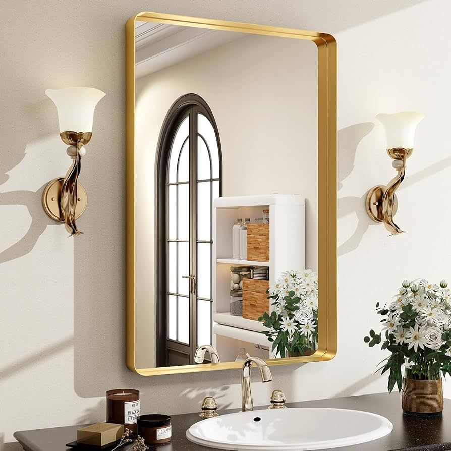 Easly 36 x 24 Inch Gold Bathroom Mirror for Wall,Aluminum Alloy Frame Rectangular Wall Mounted Mi... | Amazon (US)