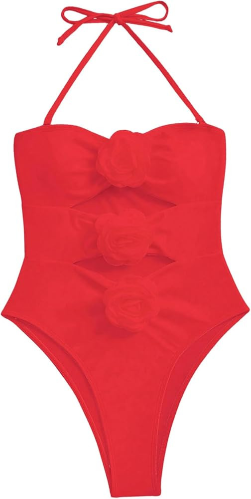 Women's Solid Cut Out Sexy One Piece Swimsuit Y2K Halter Tie 3D Rose Bathing Suits Swimwear Beach... | Amazon (US)