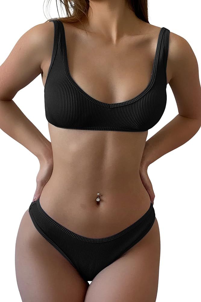 ZAFUL Women's Scoop Neck Padded Ribbed High Cut Bikini Set Two Piece Swimsuit | Amazon (US)