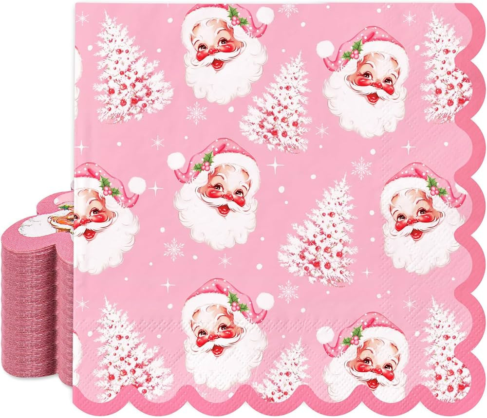 50Pcs Pink Christmas Cocktail Beverage Napkins Disposable Xmas Tree Santa Scalloped Paper Napkin ... | Amazon (US)