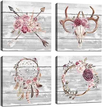 Home Decor Wall Art, Bull Skull Antlers and Flowers Picture Poster Print on Canvas Modern Artwork... | Amazon (US)
