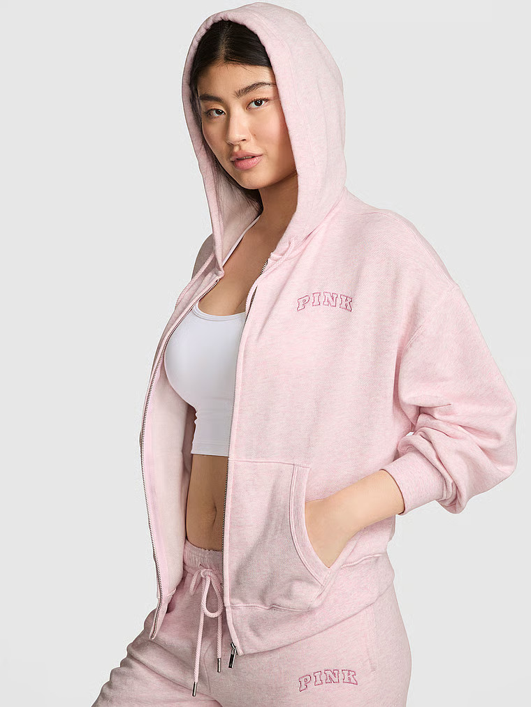 Buy Ivy Fleece Campus Full-Zip Hoodie, Heathered Pink Petal Woven Shine - Order Hoodies & Sweatsh... | Victoria's Secret (US / CA )
