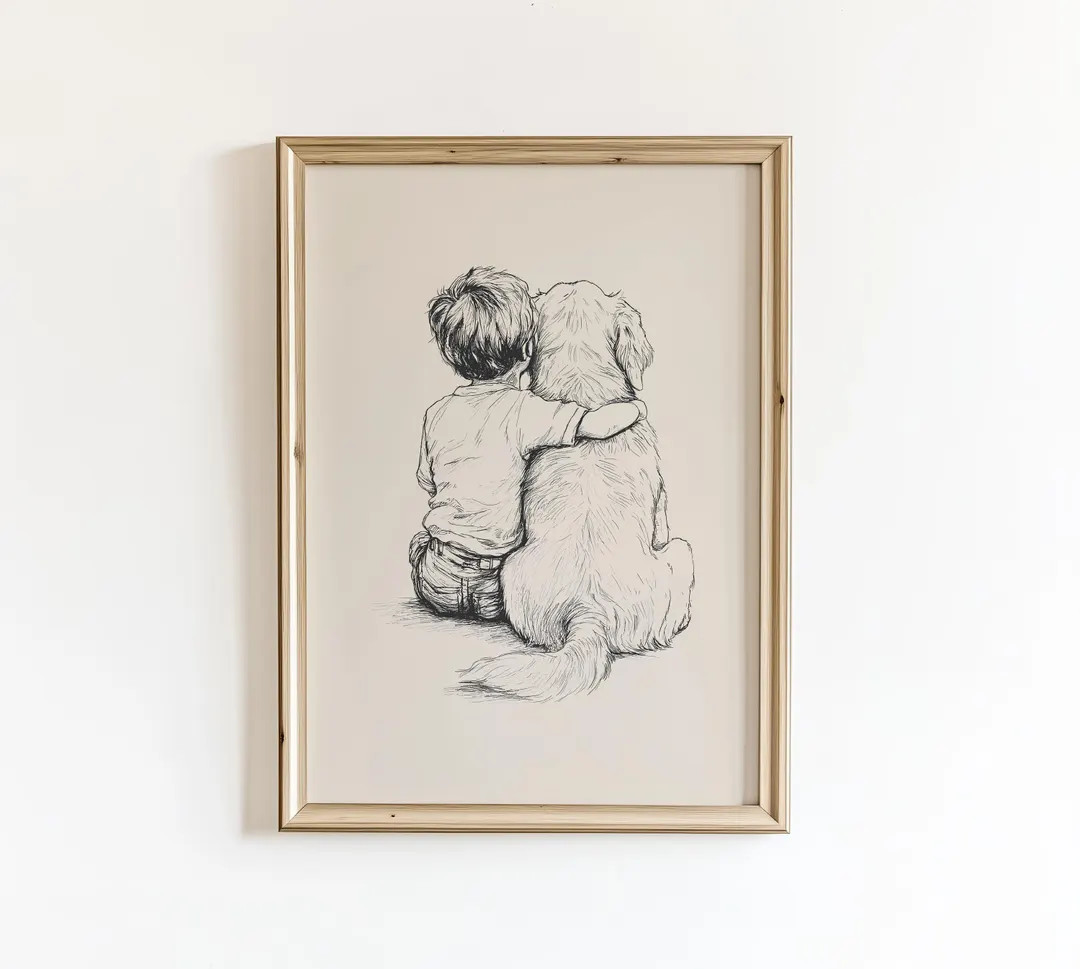 Boy with Golden Retriever Poster, Nursery Vintage Drawing, PRINTED AND SHIPPED | Etsy (US)