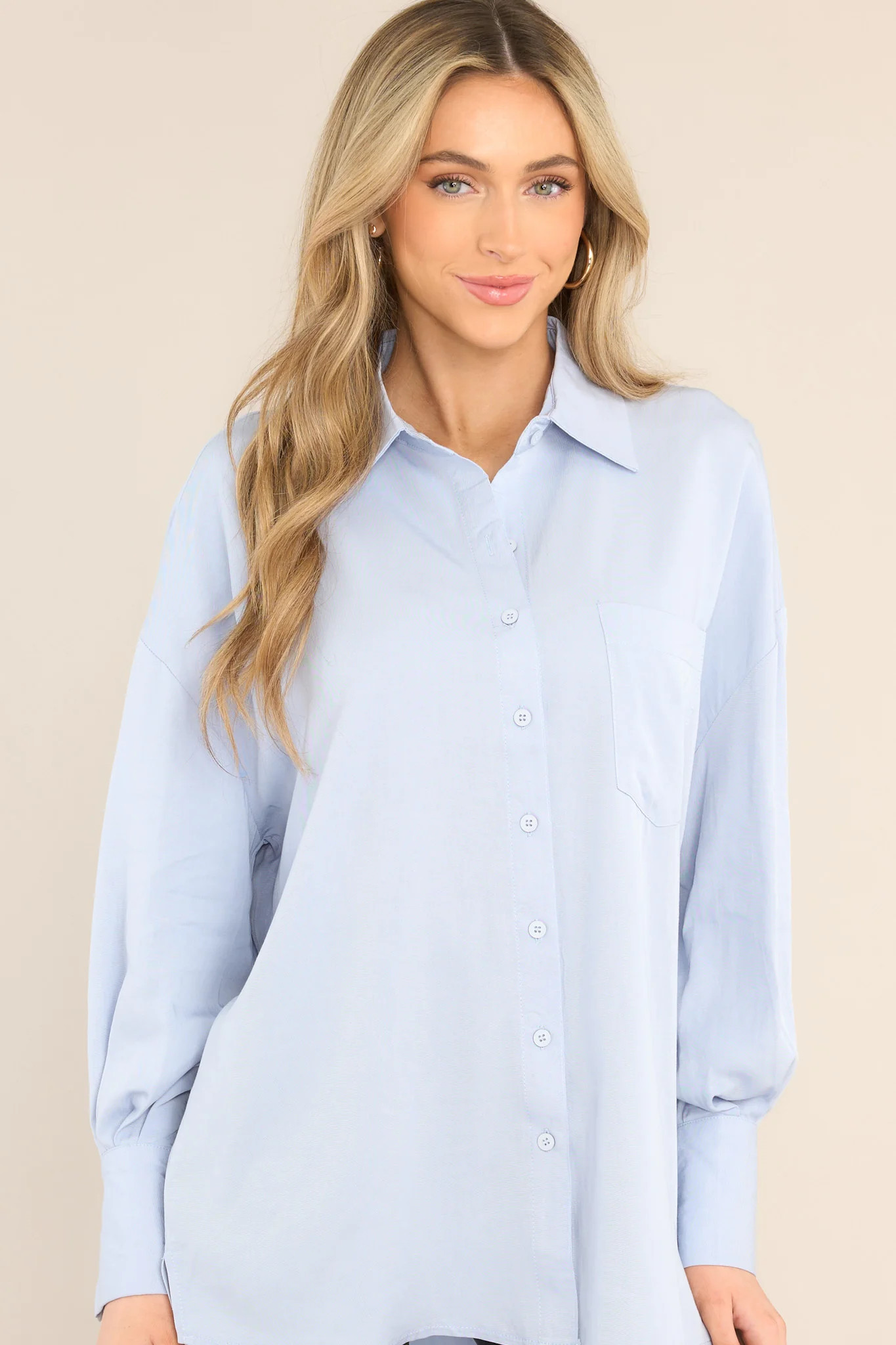 All The Same Blue Long Sleeve Button Front Top | Red Dress 