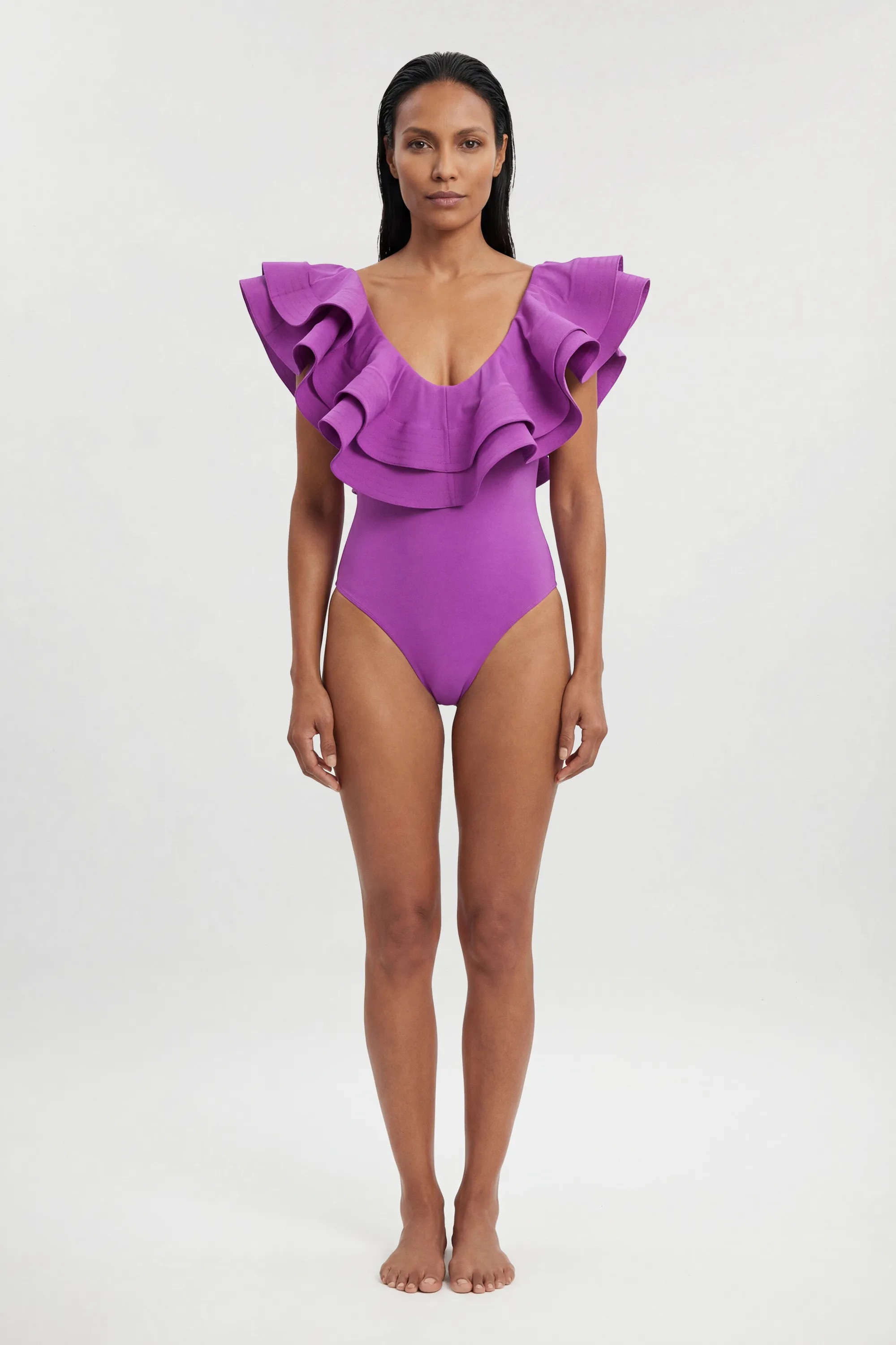 Purple Drama Frill Swimsuit | Karen Millen USA | Karen Millen