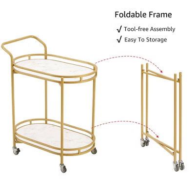 Rosary Blenn Modern Gold Bar Cart with Wheels – 2-Tier Rolling Serving Trolley, Gold | Target