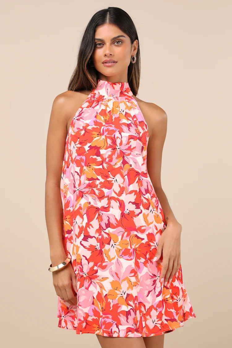 Tied Back To You Red and Pink Floral Print Mini Shift Dress | Lulus