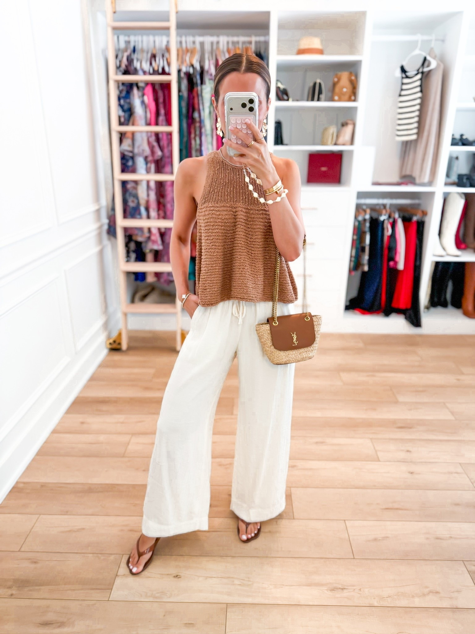 My dinner outfit. Summer outfit. Elevated casual outfit. Resort outfit. Resort wear. Vacation outfit. Europe outfit. New wide leg crinkle pants from Abercrombie in XXS short. Anthropologie sweater tank in XXS. Amazon jelly sandals are TTS. YSL raffia bag.

#LTKootd #LTKTravel #LTKPetite