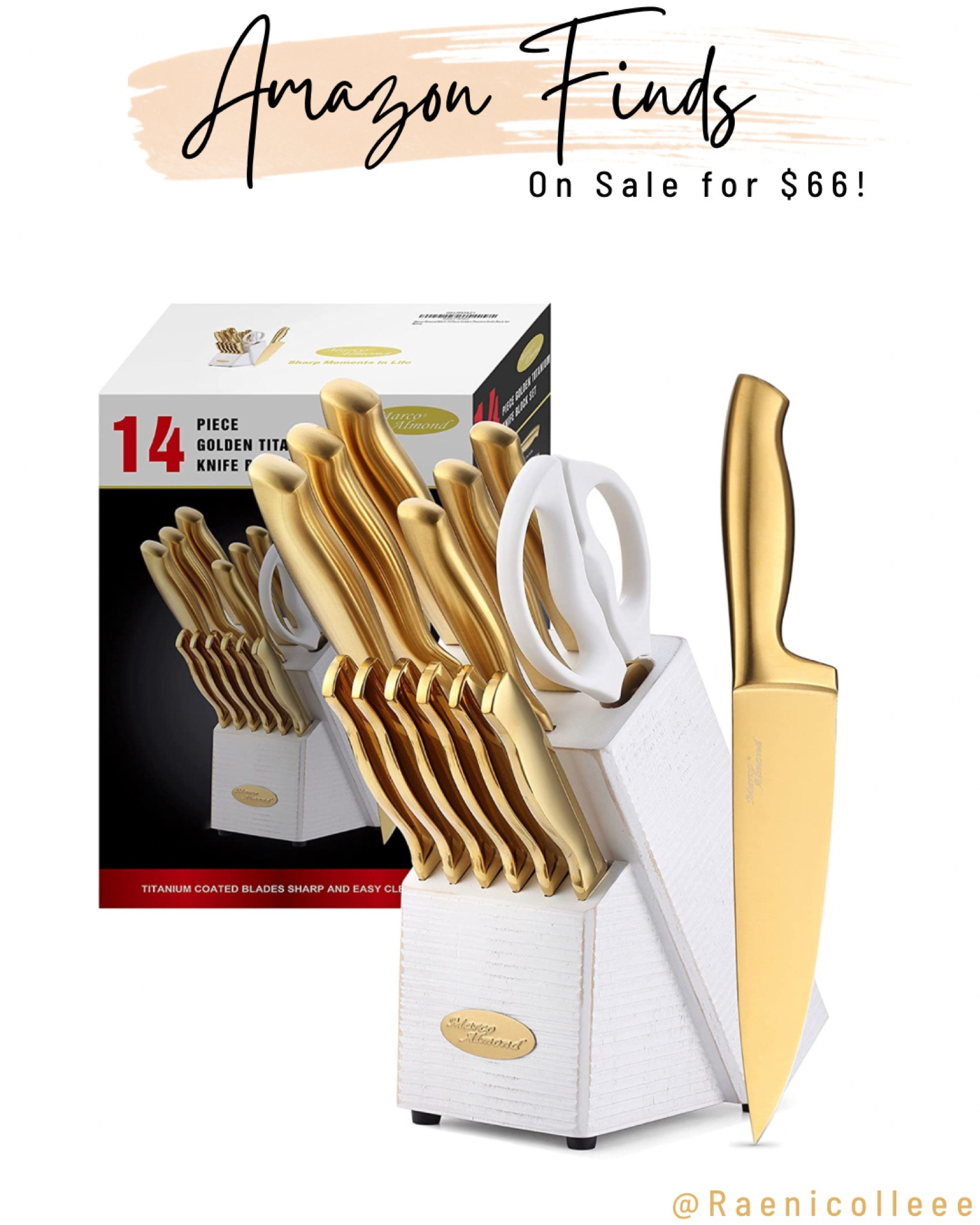 Marco Almond MA21 14-Piece Knife Set with Block Golden Kitchen Knife Block  Set Stainless Steel