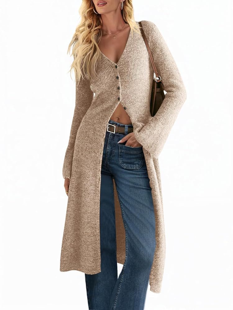 Saodimallsu Womens Long Cardigan Sweaters Oversized Bell Sleeve Open Front Button Down Casual Kni... | Amazon (US)