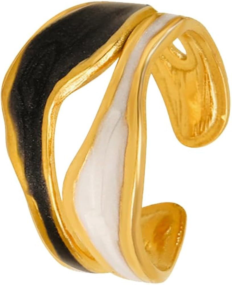 Gold Open Ring for Women Black White Enamel Adjustable Rings for Man Simple Yin-Yang Wide Band Fi... | Amazon (US)