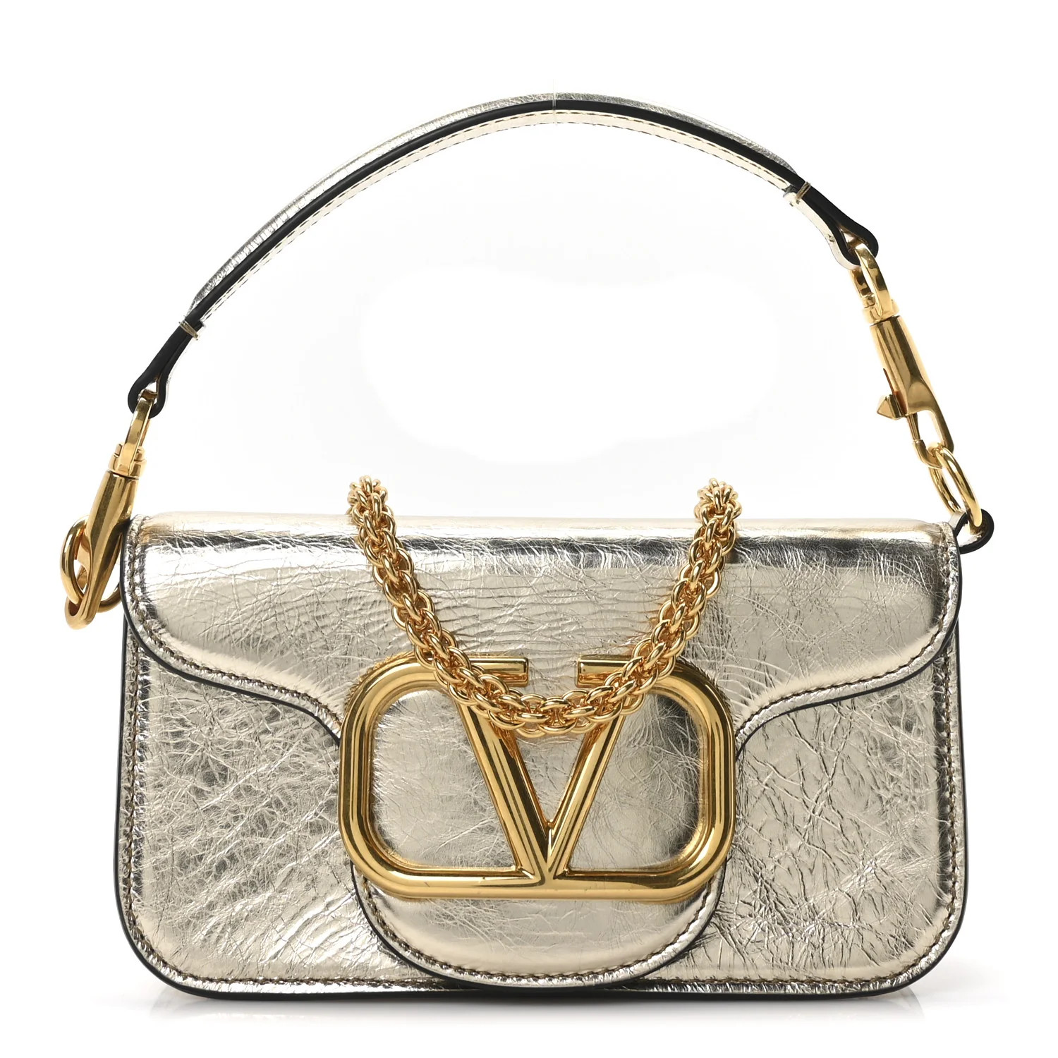 Valentino Garavani Metallic Crackle Effect Calfskin Vlogo Small Loco Shoulder Bag Platino 1763930 | FASHIONPHILE (US)