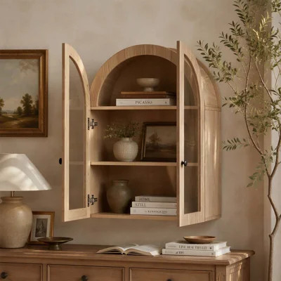 Arched Wall Mounted Cabinet with Tempered Glass Doors, Easy Hanging Hardware, and Adjustable Shelf for Bathroom and Living Room, Light Brown | Wayfair North America