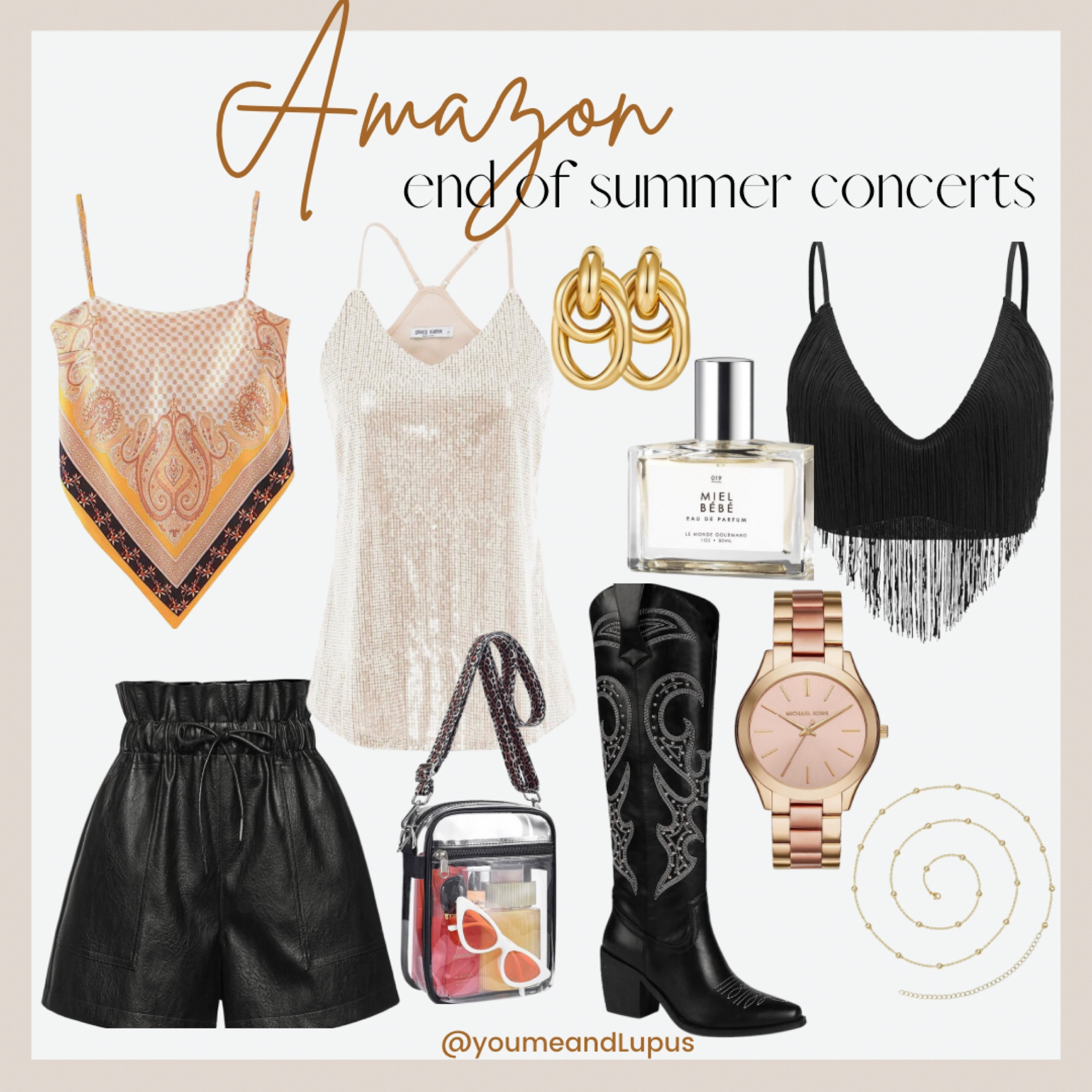 Amazon end of summer concert finds, cowboys boots, sequin tops, crop tops, shorts, faux leather shorts, watches, belly chains, gold earrings, perfume, clear purses, summer, YoumeandLupus 

#LTKstyletip #LTKFind #LTKSeasonal
