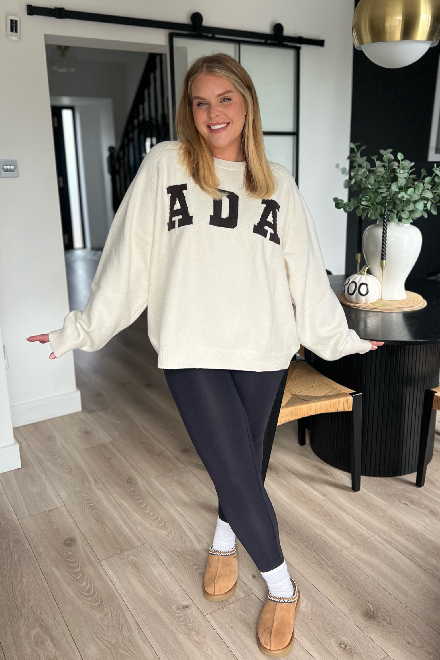 Comfy outfit. Autumn style. OOTD. Black leggings. Adanola jumper. Knit. Oversized jumper. Cream jumper. Ugg Tasman. Chestnut Ugg. Transitional outfit. Rainy day style. Size 16. Size 18. Midsize style. 

#LTKcurves #LTKeurope #LTKautumn