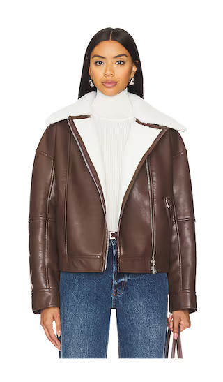 Nyx Faux Leather Sherpa Moto Jacket in Chocolate Ivory | Revolve Clothing (Global)