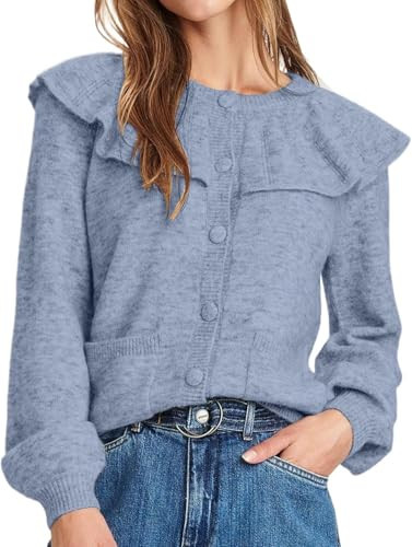 Ymejia Womens Ruffle Collar Sweater Long Sleeve Button Down Sweaters Crew Neck Knit Open Front Cardigan with Pocket Blue | Amazon (US)