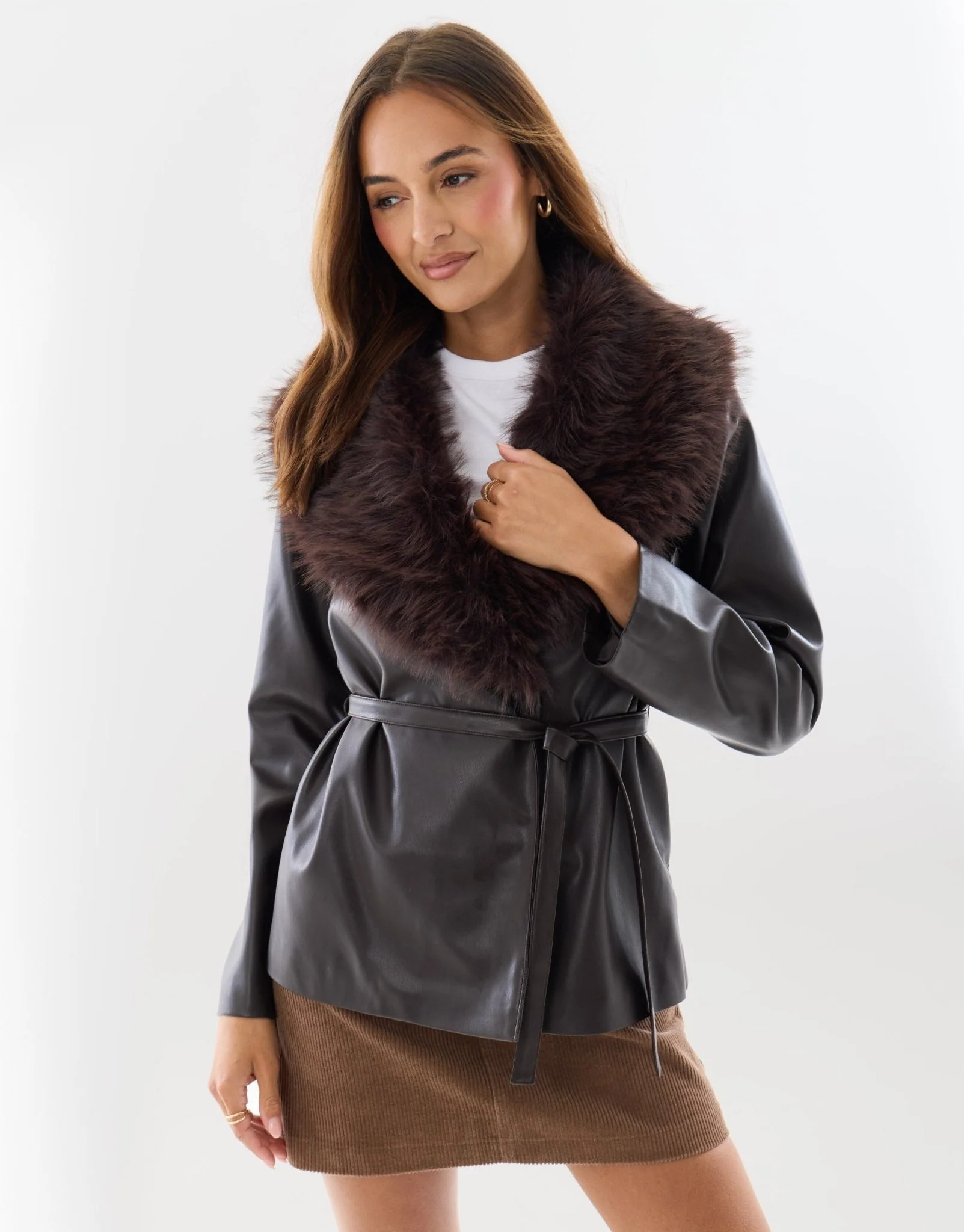Belted Faux Fur Collar Jacket in Chocolate Brown | Threadbare UK