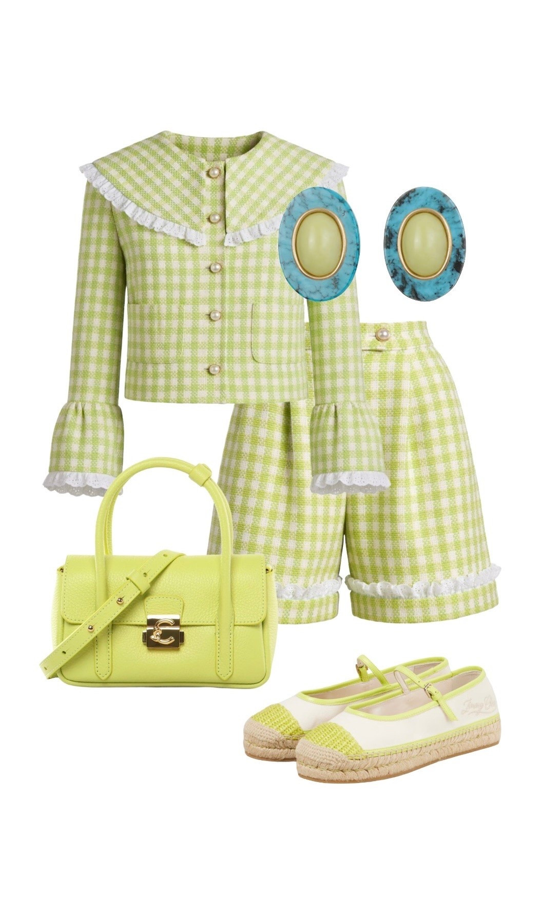 The cutest co-ord by Mood Swings! This green check short set has 1950s vibes, and looks great with these canvas espadrilles!

Tinkerbell Green Check Jacket & Shorts - Mood Swings at Wolf & Badger 

Green Handbag - Coccinelle at Farfetch 

Green Turquoise Jennifer Behr x Julia Berolzheimer Anson Earrings - Jennifer Behr

#LTKeurope #LTKuk #LTKstyletip #LTKbag #LTKshoes

#LTKsummer #LTKFashionMonth #LTKluxury
